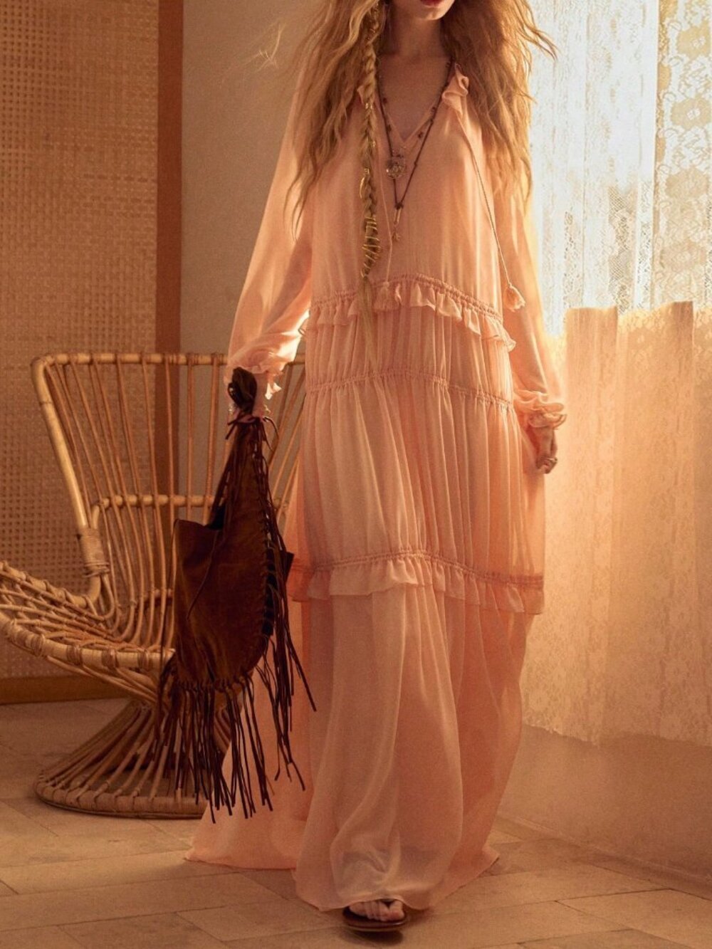 Dusty Pink Boho Women's Chiffon Drawstring Ruffle Hem Dress